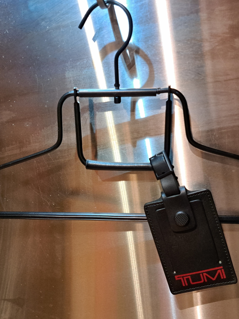 Tumi Black Leather Luggage Tag with Red Logo